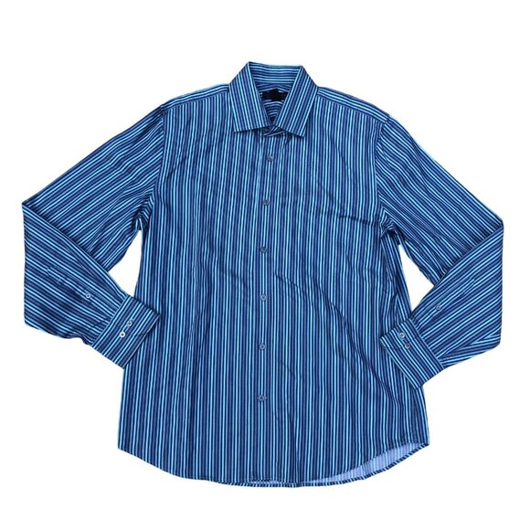 EXPRESS DESIGN STUDIO Button Down Dress Shirt LARGE Men's Blue Striped Long - Picture 1 of 6